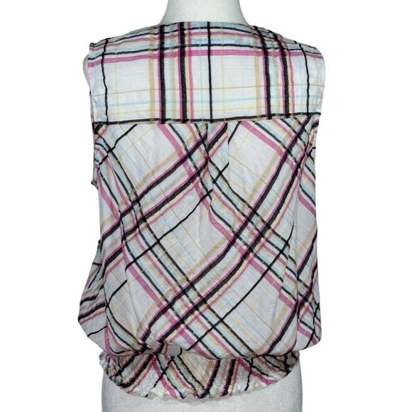 Rafaella Size MP Womens Plaid Button-Up Sleeveless Top With Smocked Hem - Picture 3 of 7